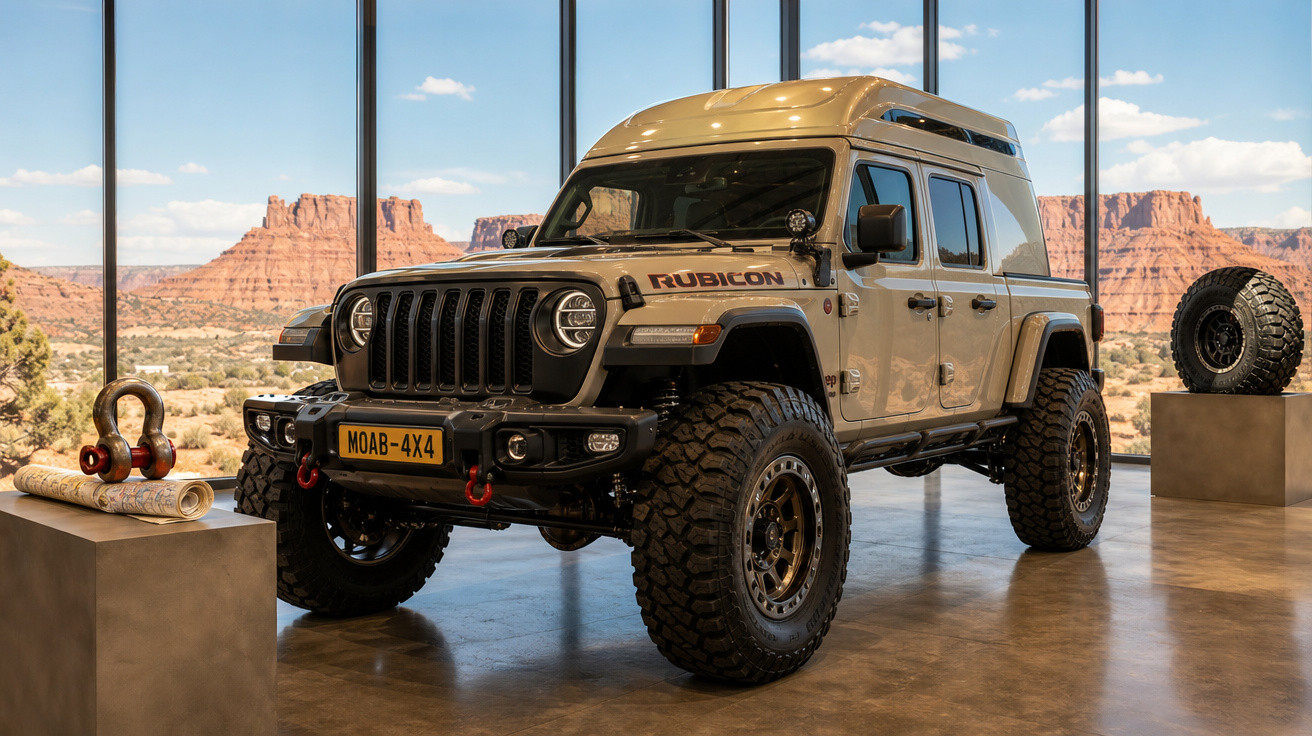 Jeep Rubicon 4x4 bege exposto em ambiente moderno com vista para formações rochosas no deserto.