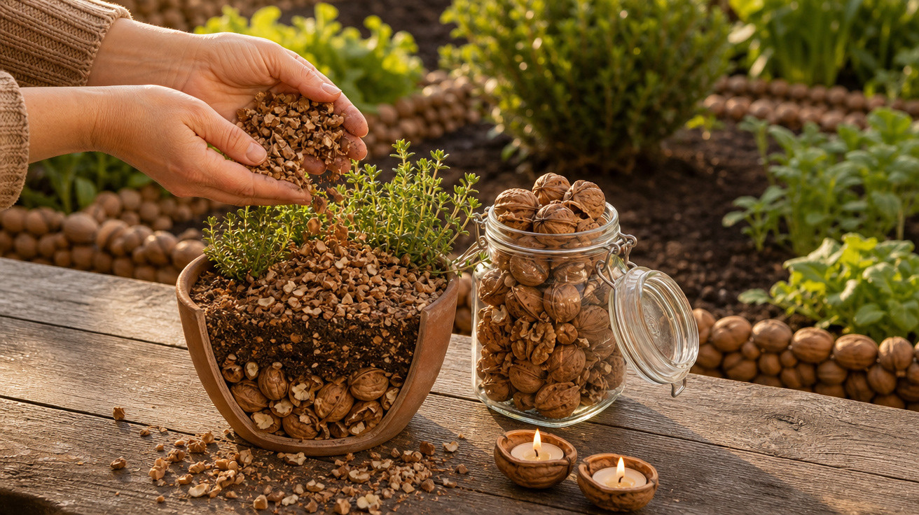 Mãos colocando cascas de noz em vaso com plantas, jarra com nozes e velas acesas ao lado sobre mesa de madeira.