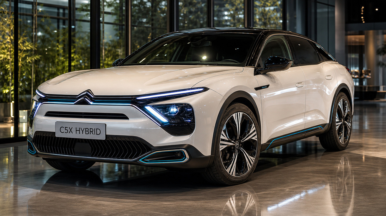Carro híbrido Citroën branco C5X estacionado em ambiente interno moderno e iluminado.