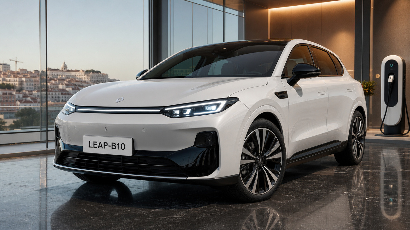 Carro elétrico branco LEAP-B10 em showroom moderno com parede de vidro e estação de recarga.