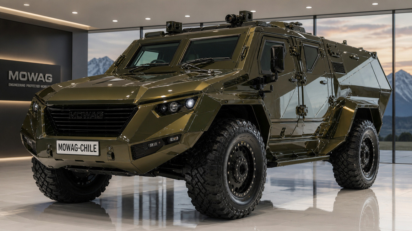 Veículo militar blindado verde oliva MOWAG estacionado em ambiente interno moderno com janelas panorâmicas.