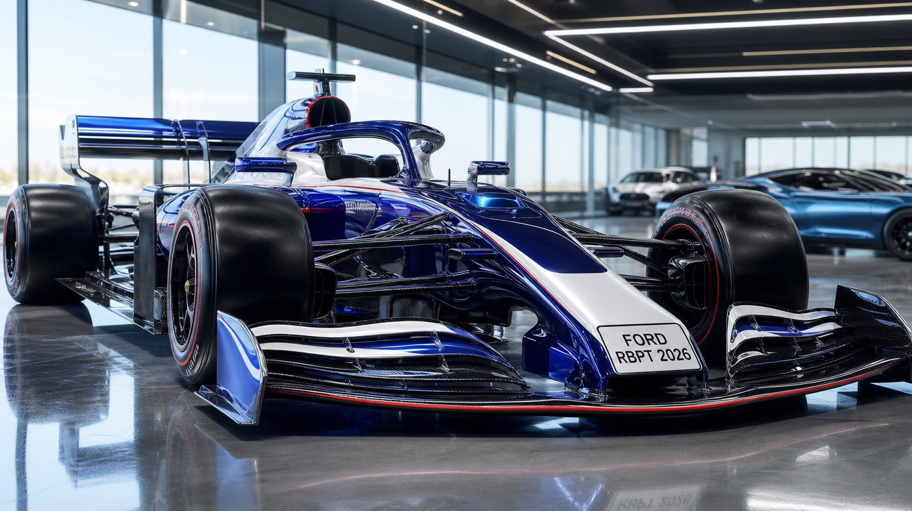 Carro de corrida Fórmula 1 azul e branco em exibição dentro de garagem moderna e iluminada.