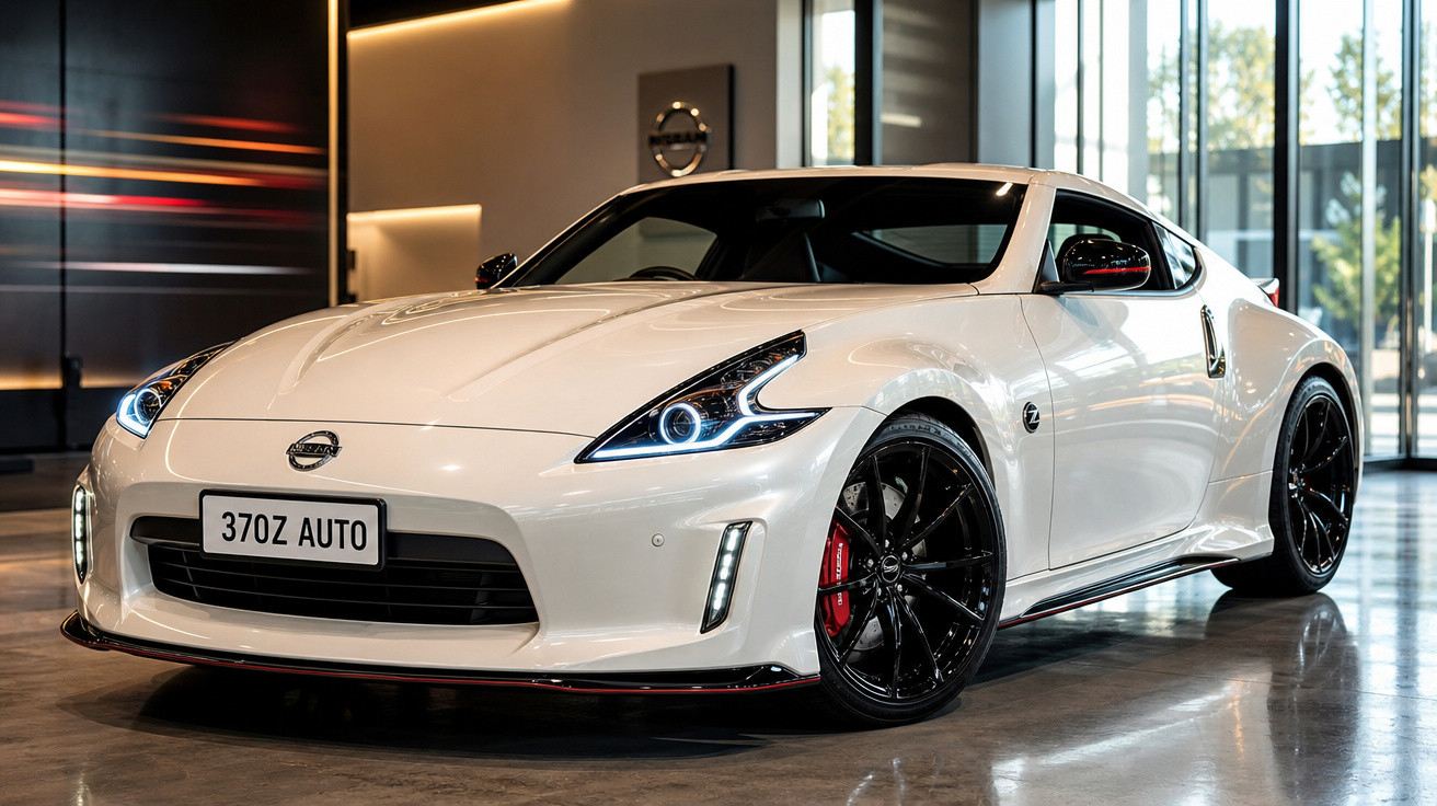 Carro esportivo Nissan 370Z branco em exibição com rodas pretas e detalhes vermelhos, em ambiente interno moderno.