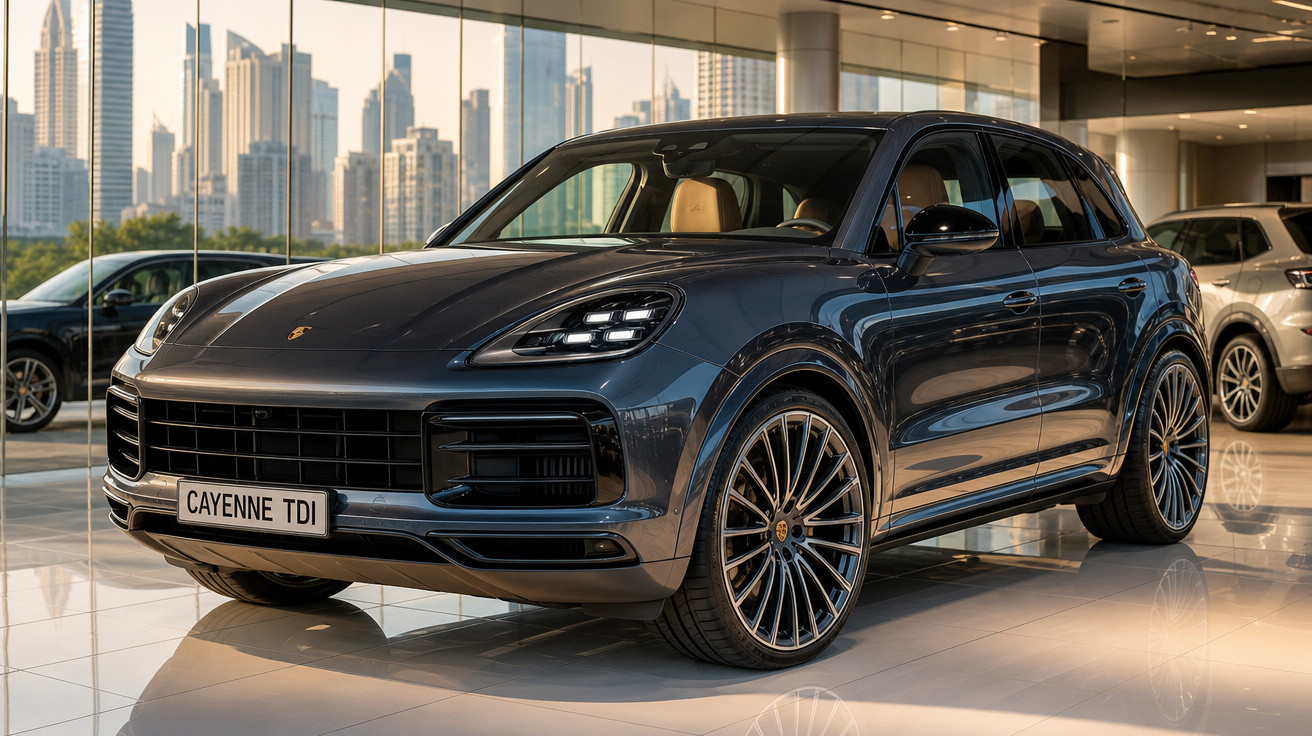 SUV Porsche Cayenne TDI cinza em showroom com prédios altos ao fundo.