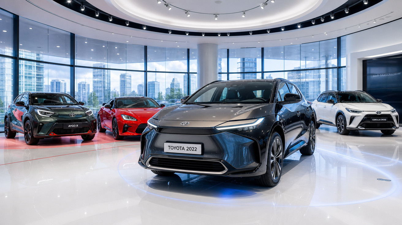 Showroom moderno com quatro carros Toyota 2022 em exibição, incluindo modelos preto, vermelho e branco.