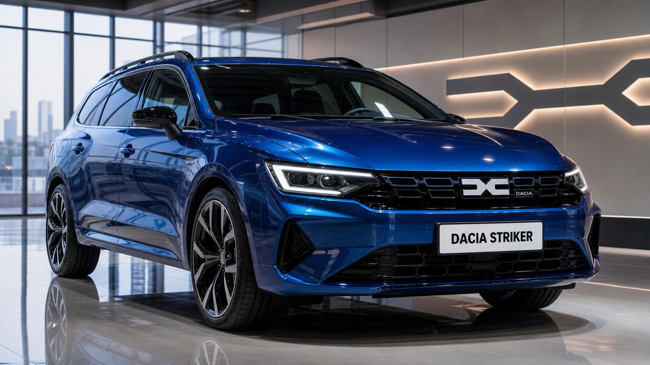 Carro azul Dacia Striker estacionado em ambiente interno moderno com piso refletivo.