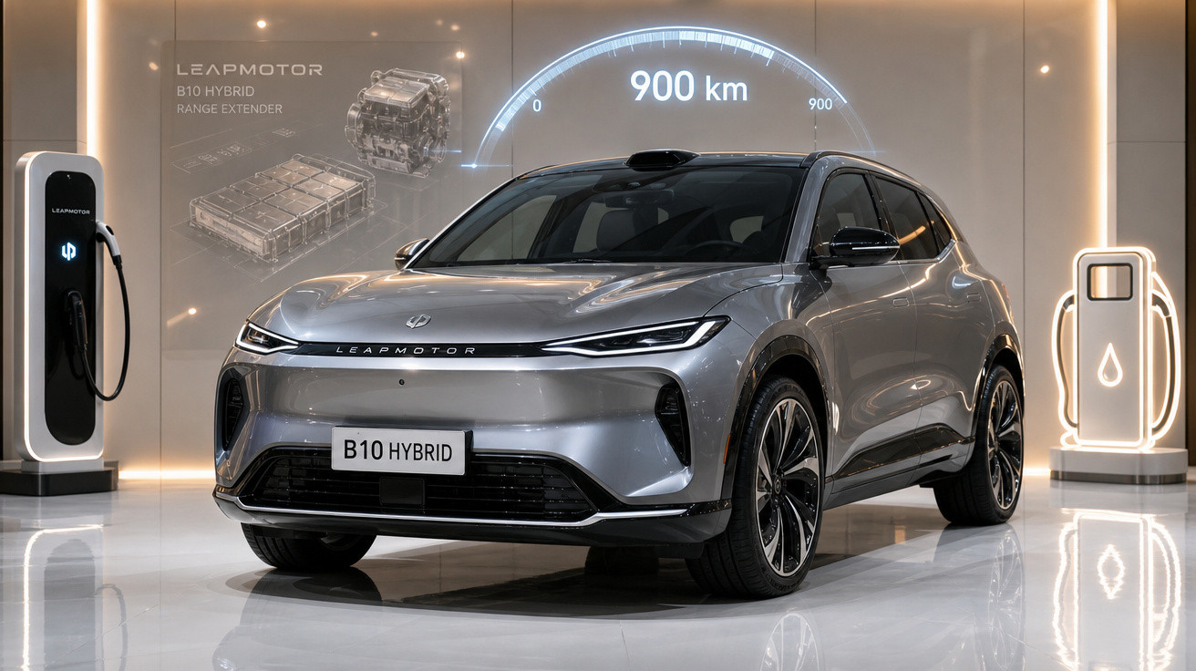 Carro elétrico híbrido prata Leapmotor B10 Hybrid exibido em ambiente moderno com estação de recarga e autonomia de 900 km.