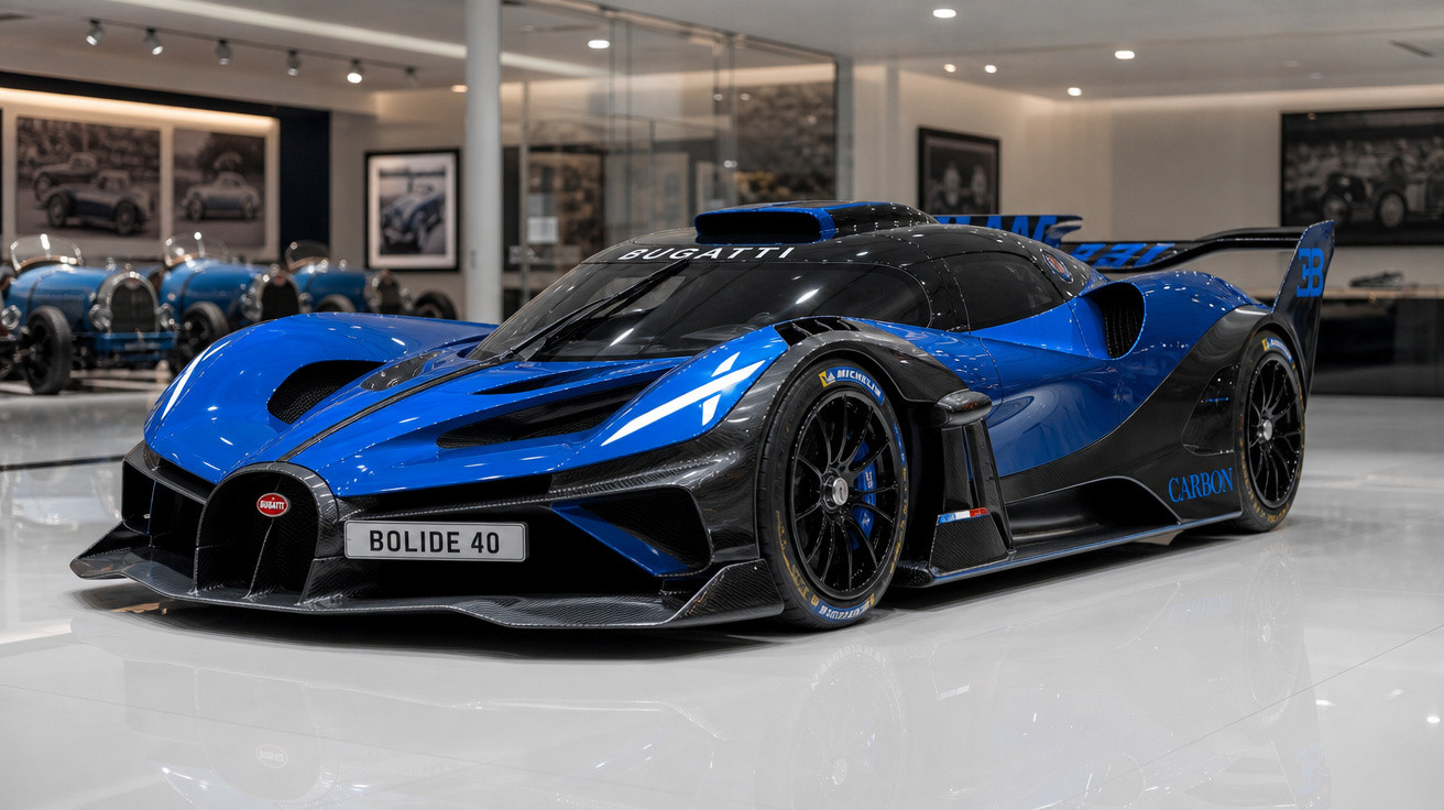 Carro esportivo Bugatti Bolide 40 azul e preto em exposição interna, com design aerodinâmico avançado.