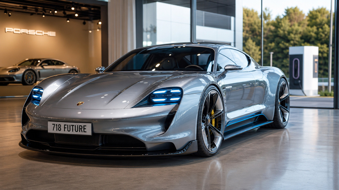 Carro esportivo Porsche elétrico prata em showroom moderno com placa 718 Future.