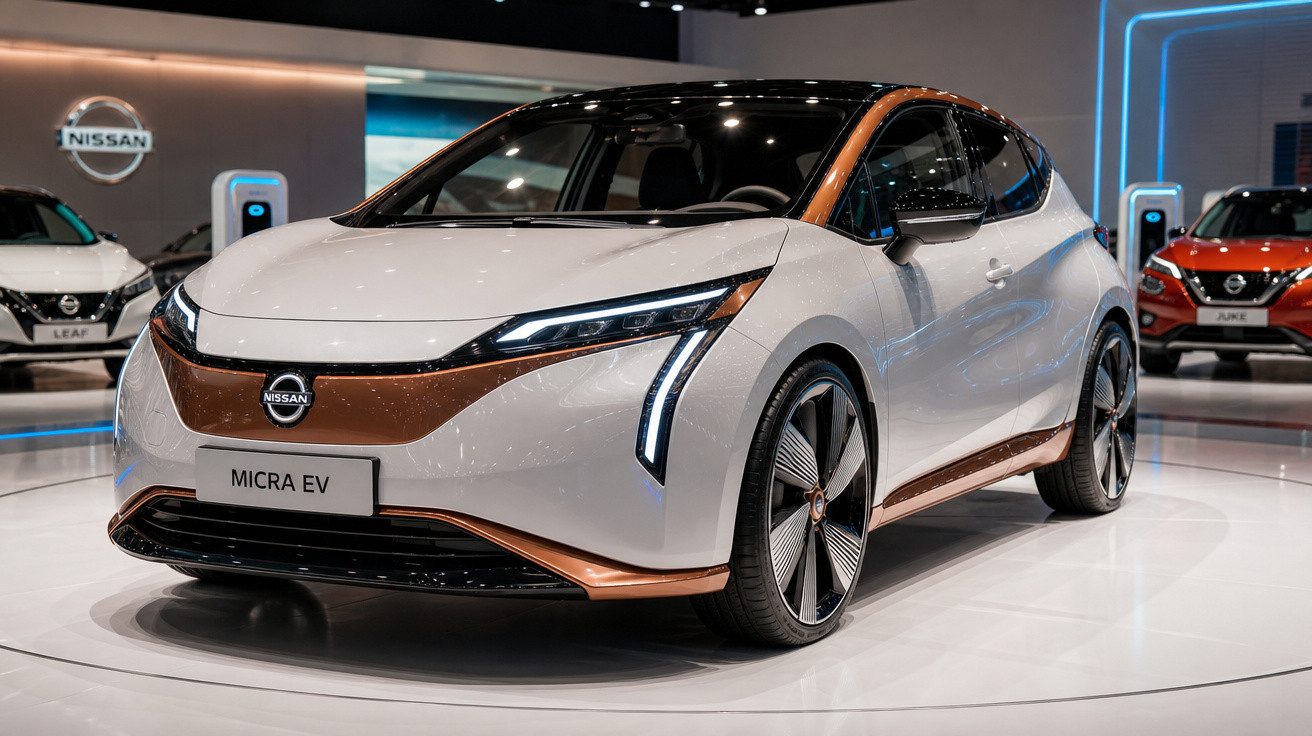 Carro elétrico Nissan Micra EV branco e cobre em exibição em salão automotivo.