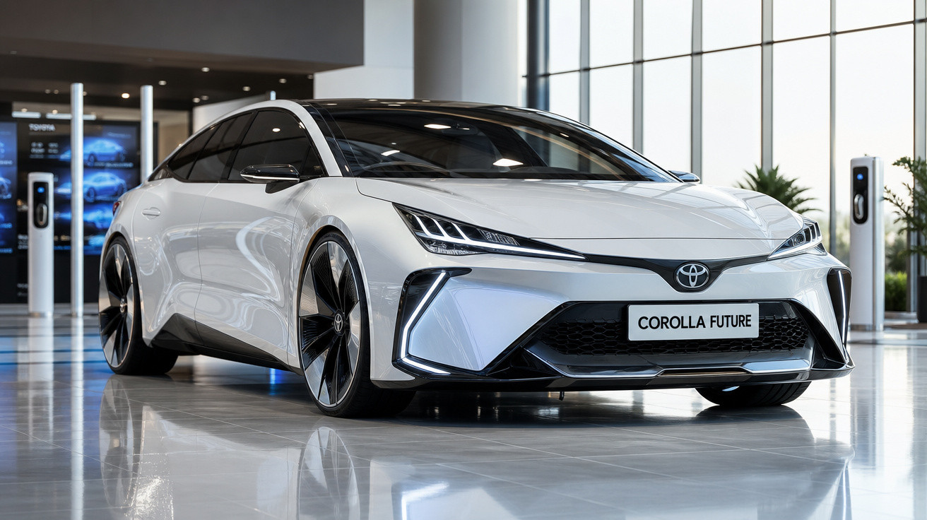 Carro elétrico branco Toyota Corolla Future em exposição interna com design futurista e rodas grandes.