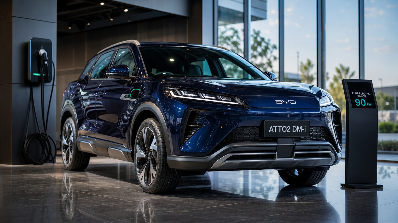 SUV elétrico BYD ATTO2 DM-i azul escuro em exposição, com carregador e painel indicando autonomia de 90 km.