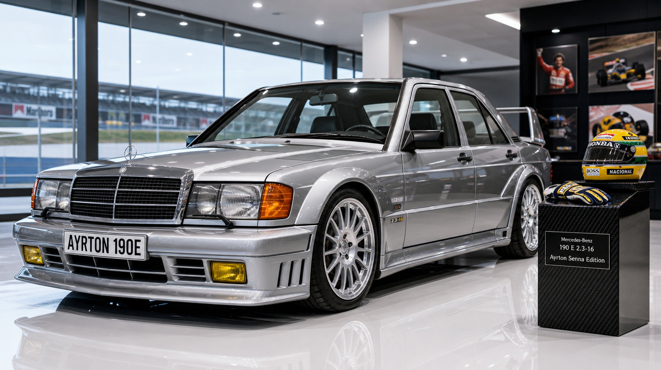 Carro prata Mercedes-Benz 190 E 2.3-16 em exposição com capacete e luvas Ayrton Senna ao lado.