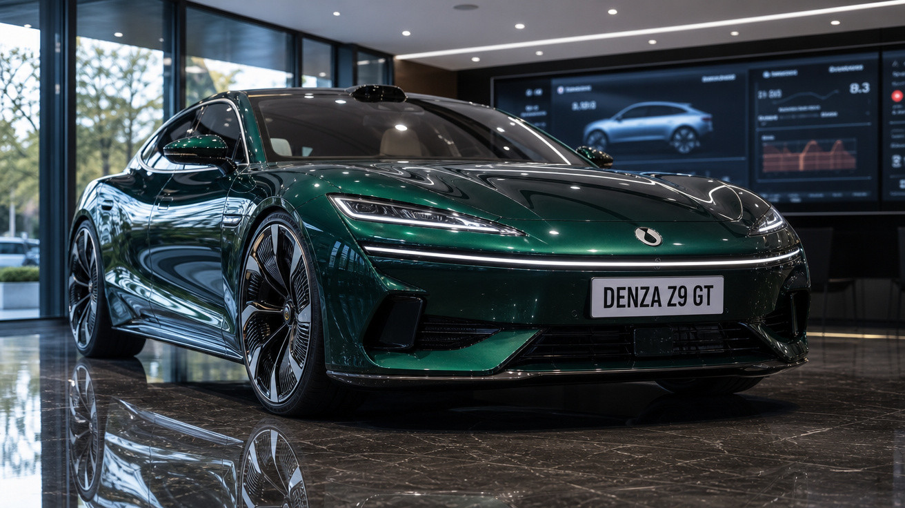 Carro esportivo verde Denza Z9 GT exibido em showroom moderno com piso de mármore e painéis digitais.