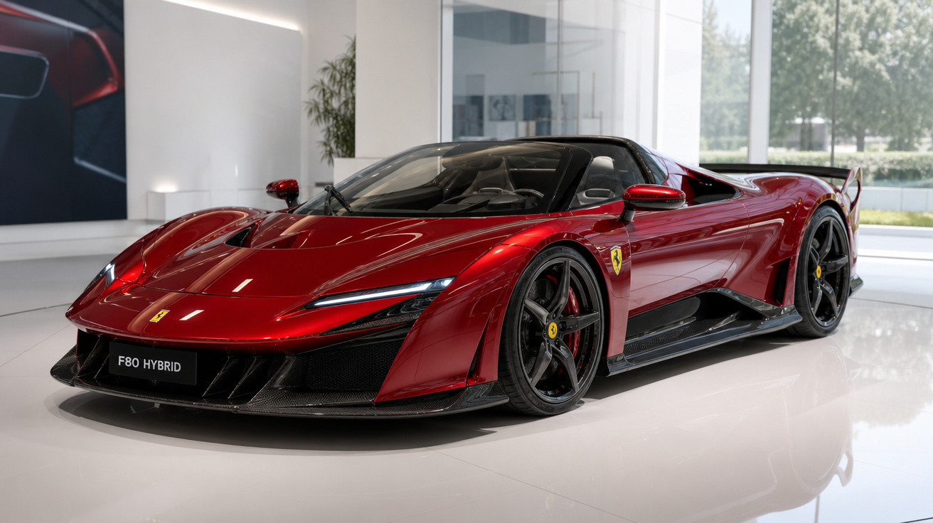 Carro esportivo Ferrari F80 Hybrid vermelho em exposição em ambiente moderno e iluminado.