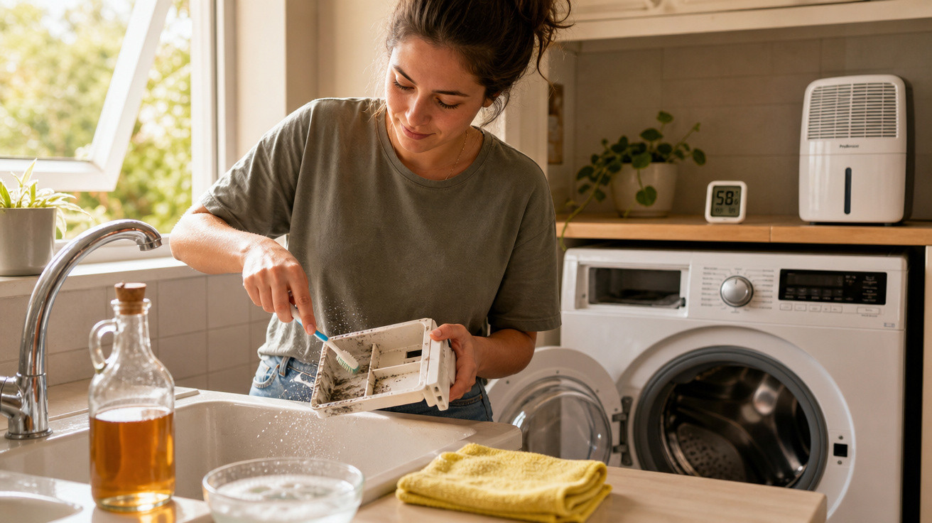 Mulher limpando filtro de máquina de lavar roupas em cozinha com luz natural.