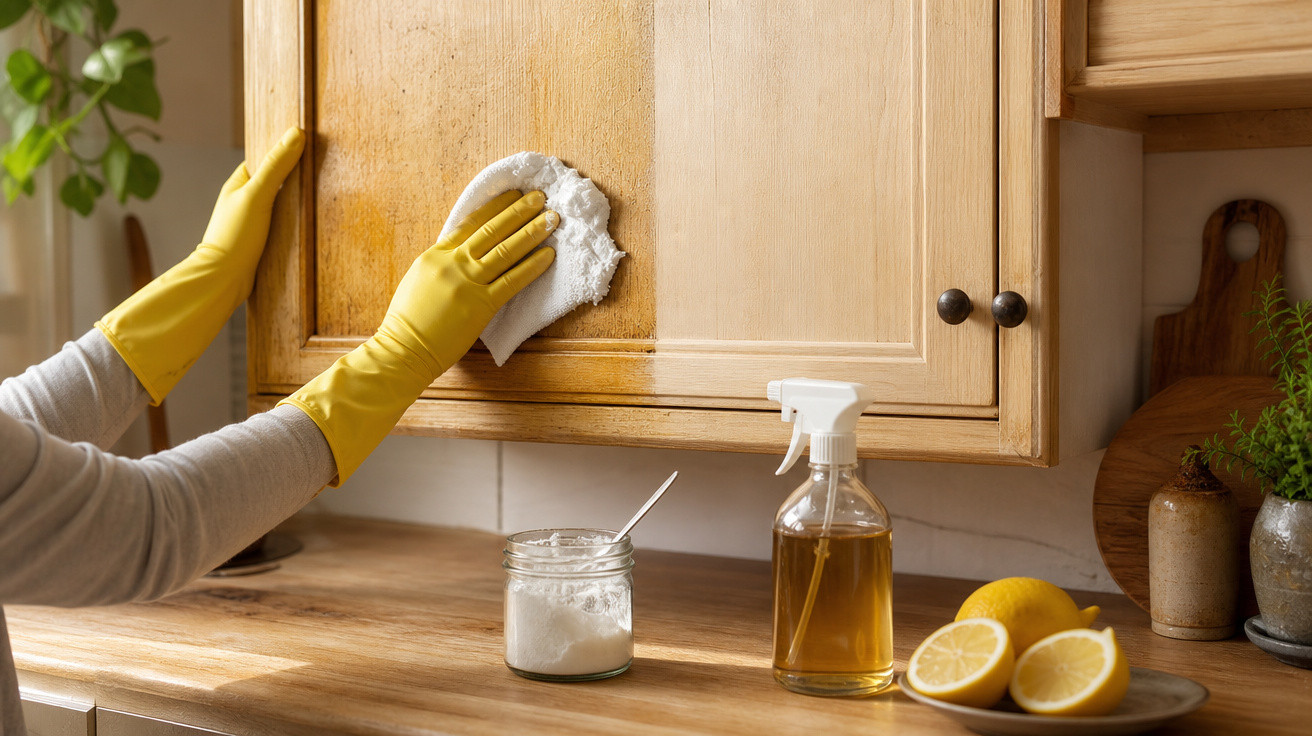 Pessoa com luvas amarelas limpando armário de madeira na cozinha com pano branco e spray de limpeza caseiro.