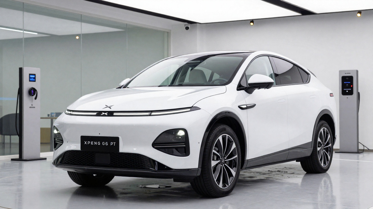 Carro elétrico branco XPeng G6 PT estacionado em showroom com estação de recarga ao fundo.