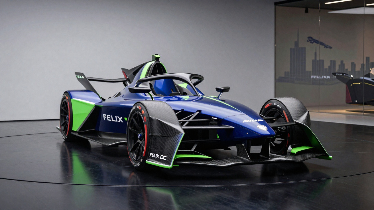 Carro de corrida elétrico azul e verde da Fórmula E em exposição sobre piso preto refletivo.