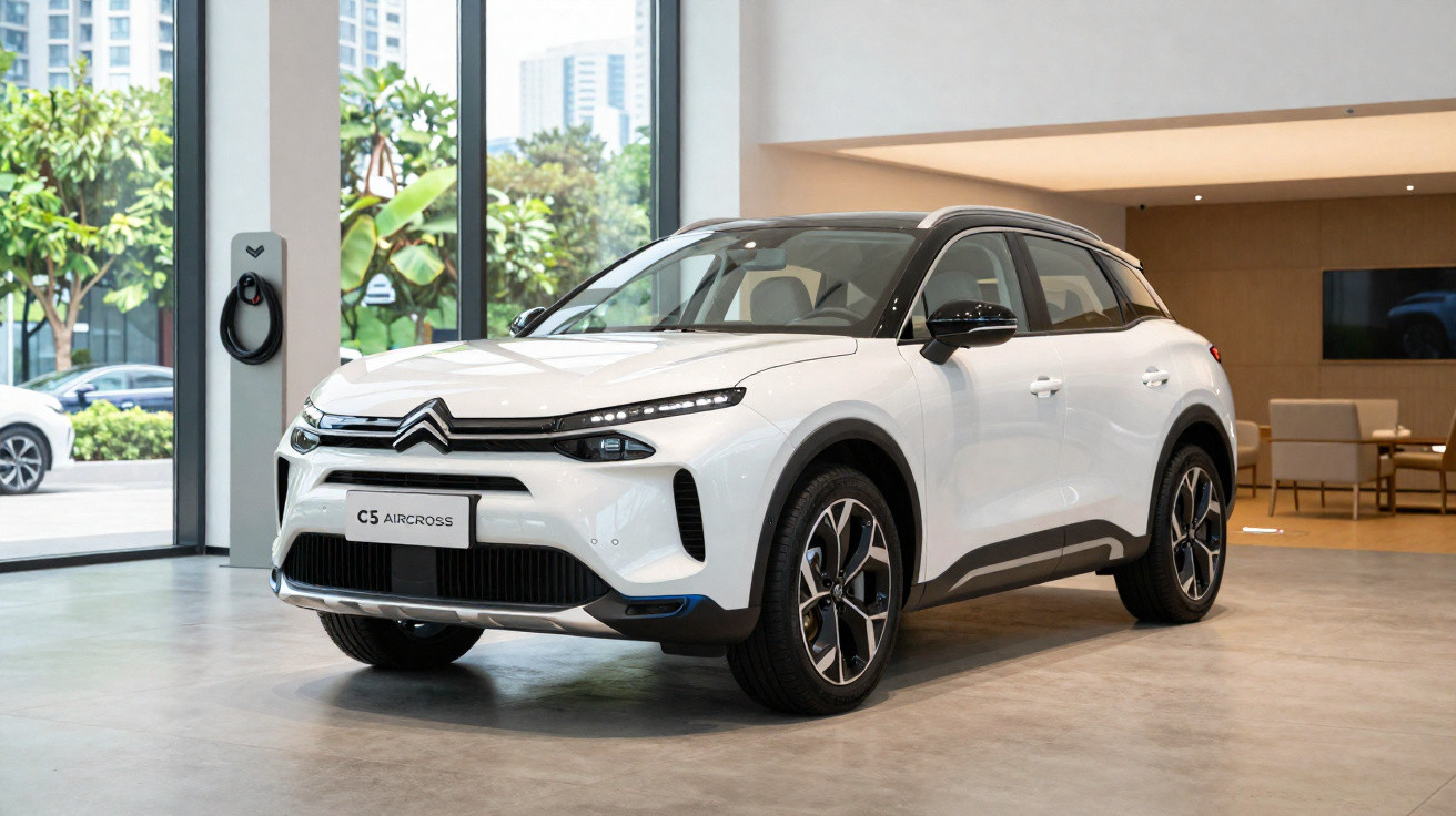 Carro elétrico branco Citroën C5 Aircross estacionado em showroom moderno com janelas amplas.