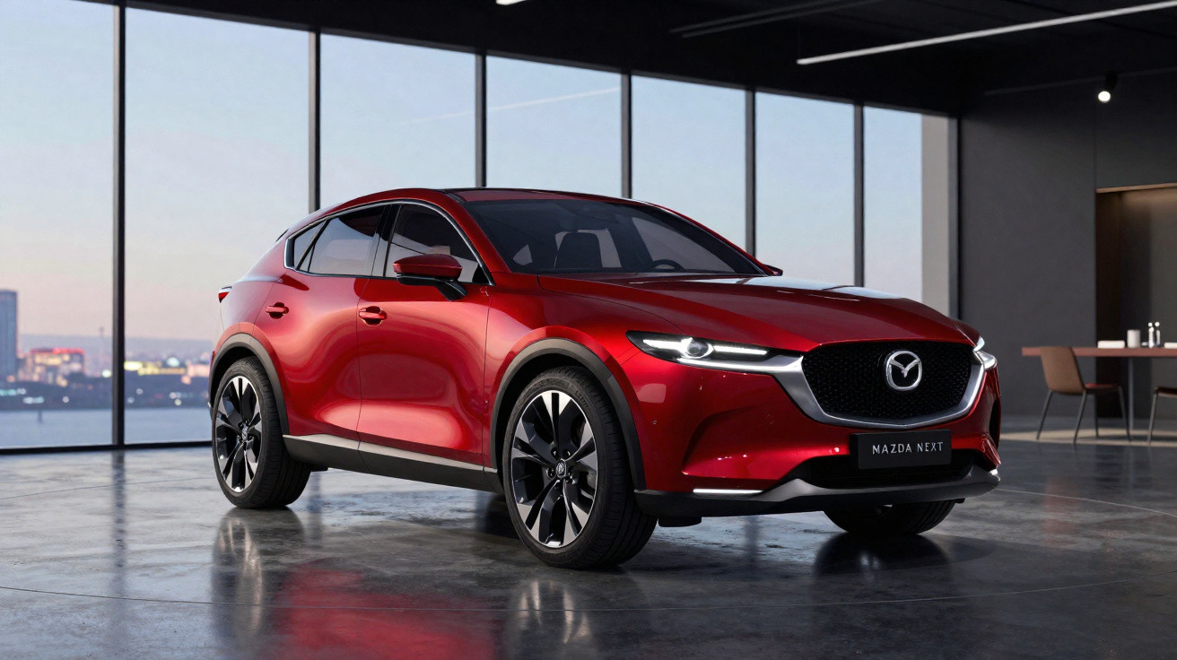 SUV Mazda Next vermelho estacionado em ambiente moderno com janelas amplas e vista da cidade ao entardecer.