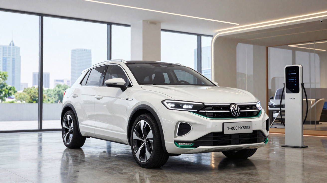 Carro branco Volkswagen T-Roc Hybrid estacionado em showroom moderno com carregador de veículo elétrico.