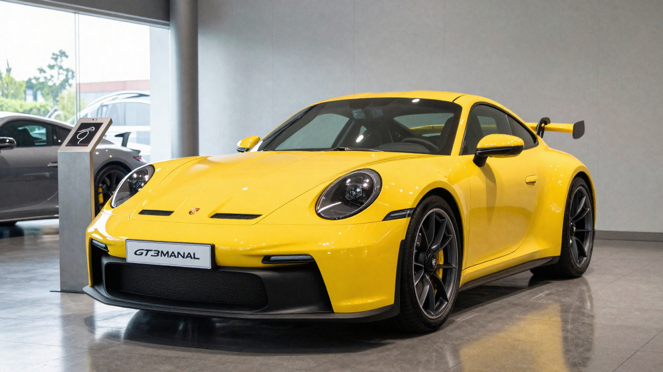 Carro esportivo amarelo Porsche GT3 exibido em showroom moderno com piso cinza refletivo.