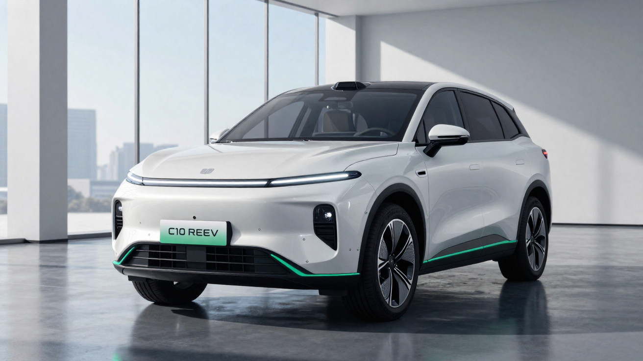 Carro SUV elétrico branco C10 REEV estacionado em ambiente interno moderno e iluminado.