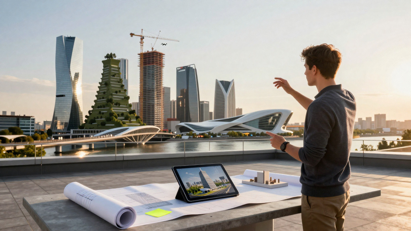 Jovem arquiteto analisa maquete digital de prédio moderno com plantas em área externa urbana ao entardecer.