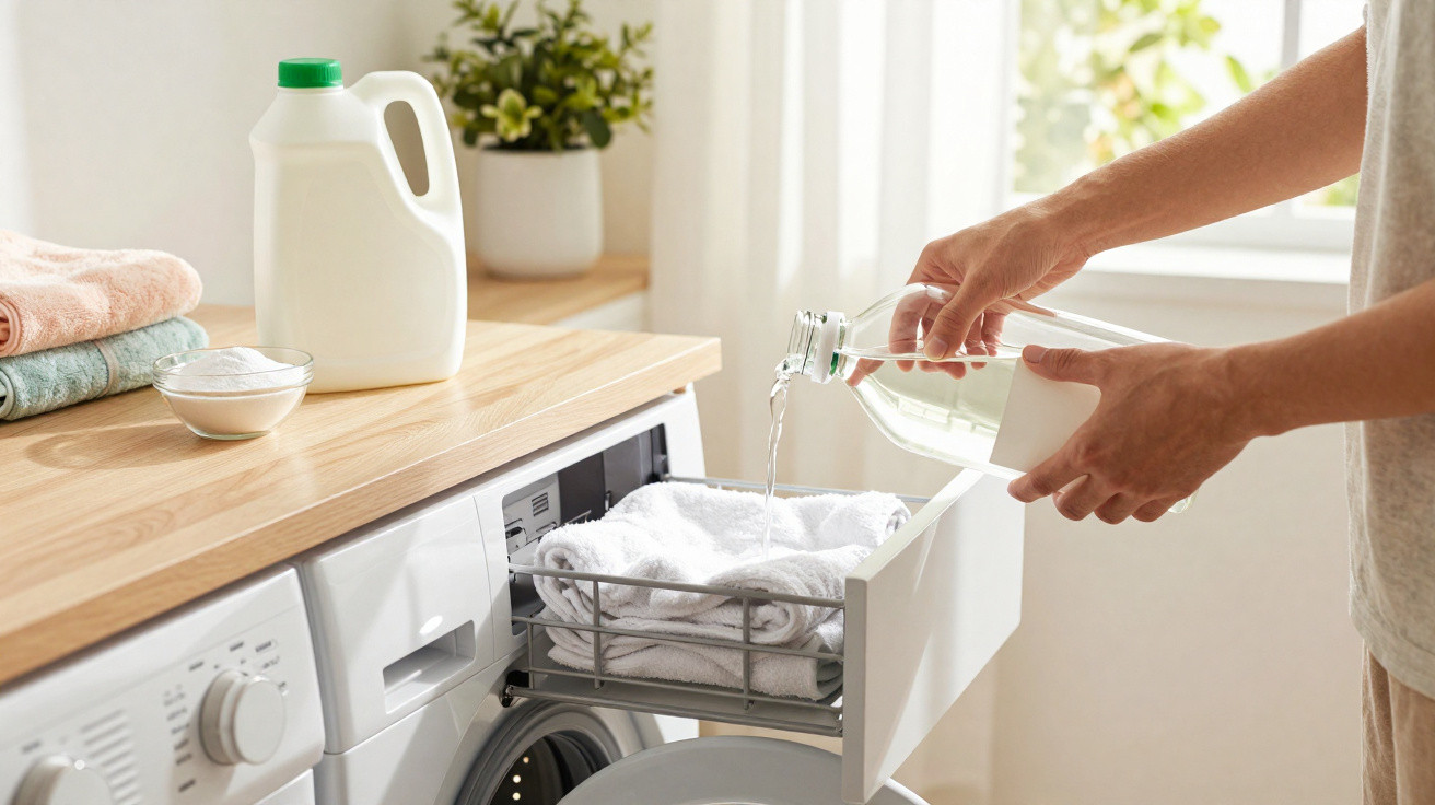 Pessoa despejando líquido em máquina de lavar roupa branca com toalhas brancas e suprimentos de lavanderia.