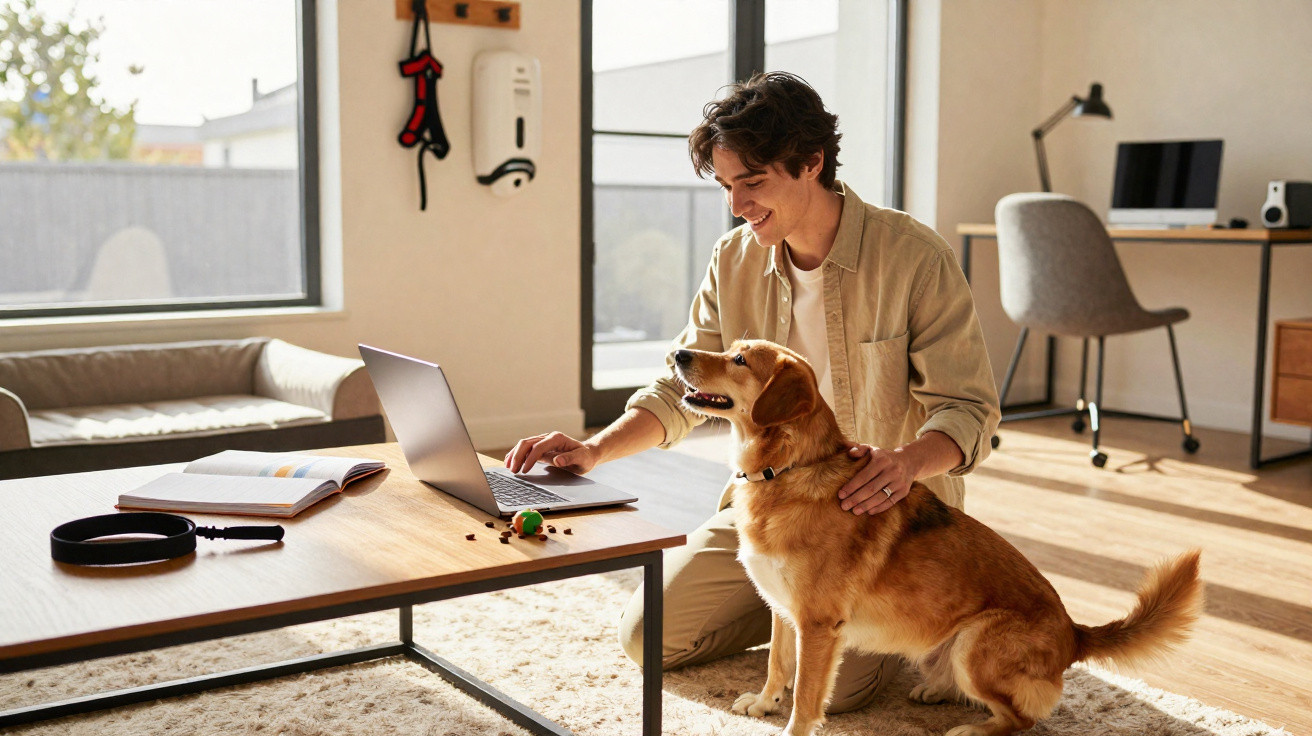 Homem usando laptop enquanto acaricia cachorro dourado em sala iluminada por luz natural.