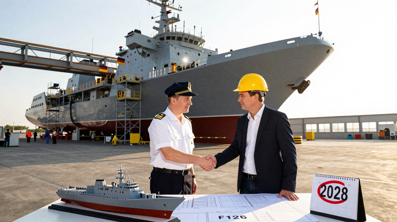 Engenheiro com capacete e oficial naval apertam as mãos no estaleiro ao lado de projeto e modelo de navio.