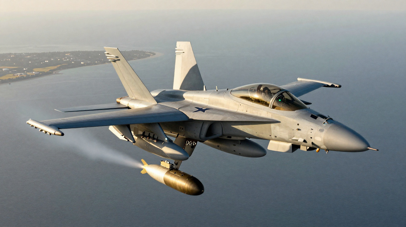 Caça F/A-18 lançando uma bomba sobre o oceano com costa ao fundo em dia claro.