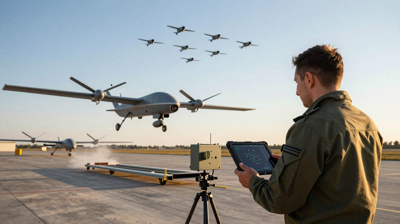 Homem controla drone militar em decolagem enquanto outros drones e aviões voam ao fundo em pista aérea.