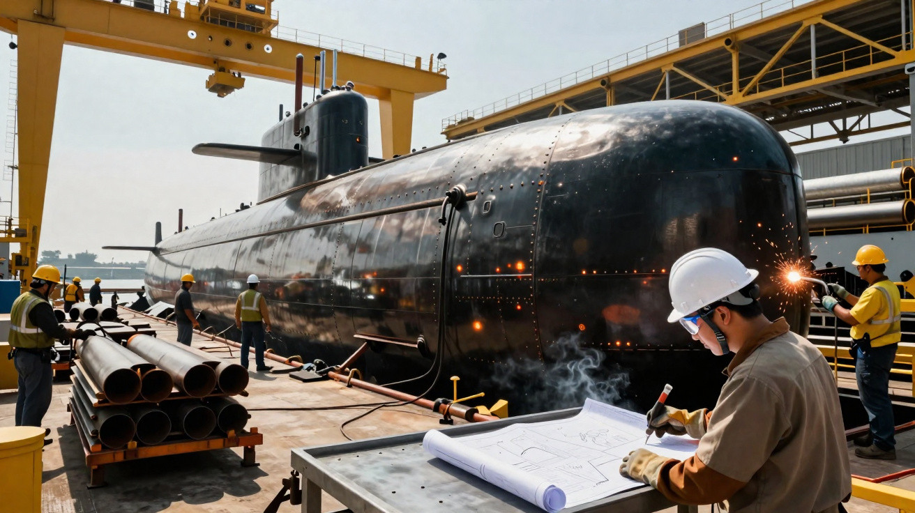 Trabalhadores com capacetes constroem submarino em doca seca, com equipamentos e tubos ao redor.