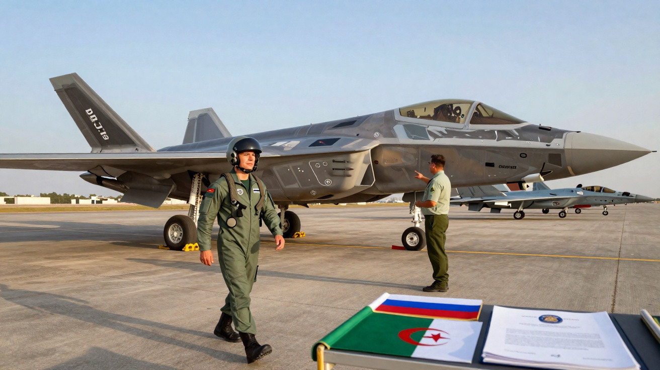 Avião de caça F-35 no solo com dois militares ao redor e mesa com bandeiras e documentos.