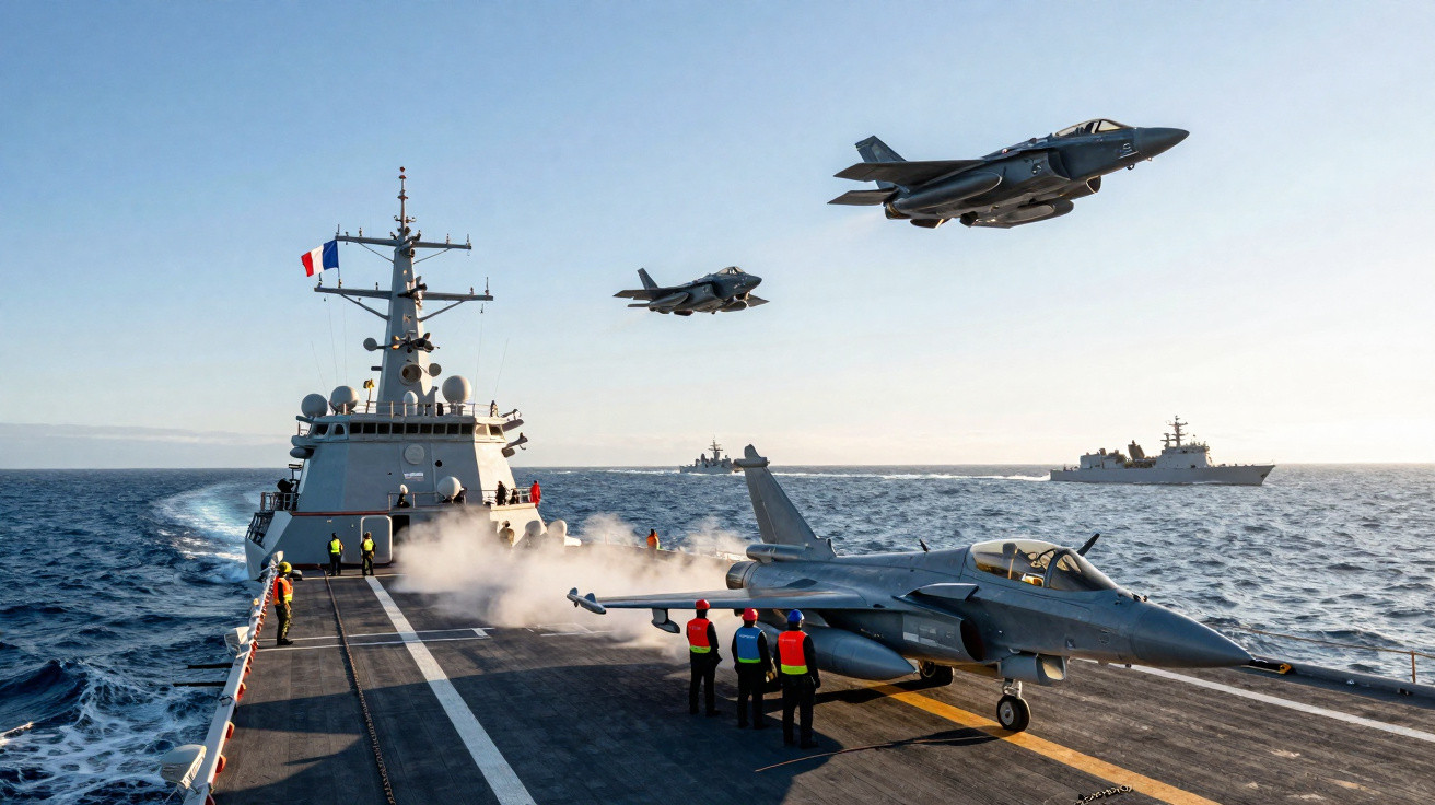 Jatos de combate decolando do convés de porta-aviões com mar e outros navios ao fundo em dia claro.