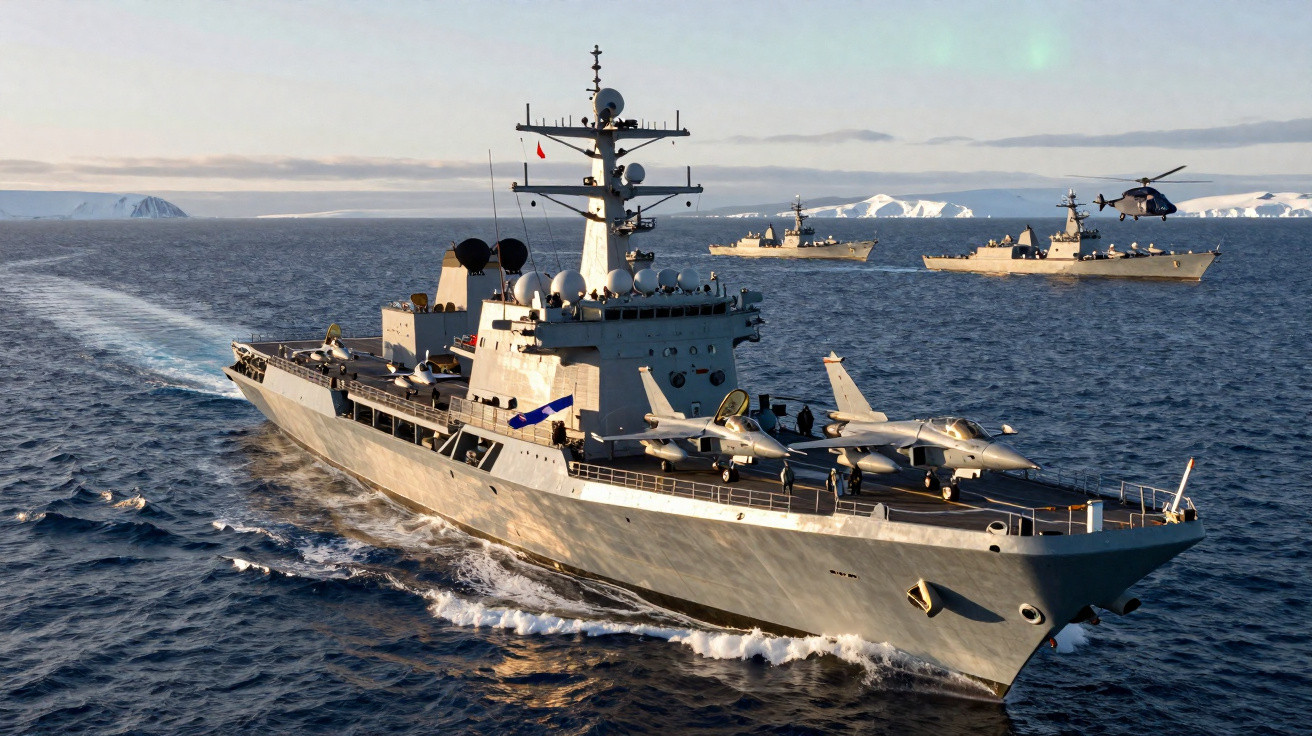 Navio de guerra com caças no convés navegando em mar aberto próximo a outros navios e helicóptero, com montanhas ao fundo.