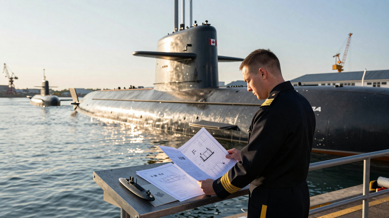 Oficial naval revisa plantas de submarino ao lado de dois submarinos ancorados em porto ao entardecer.
