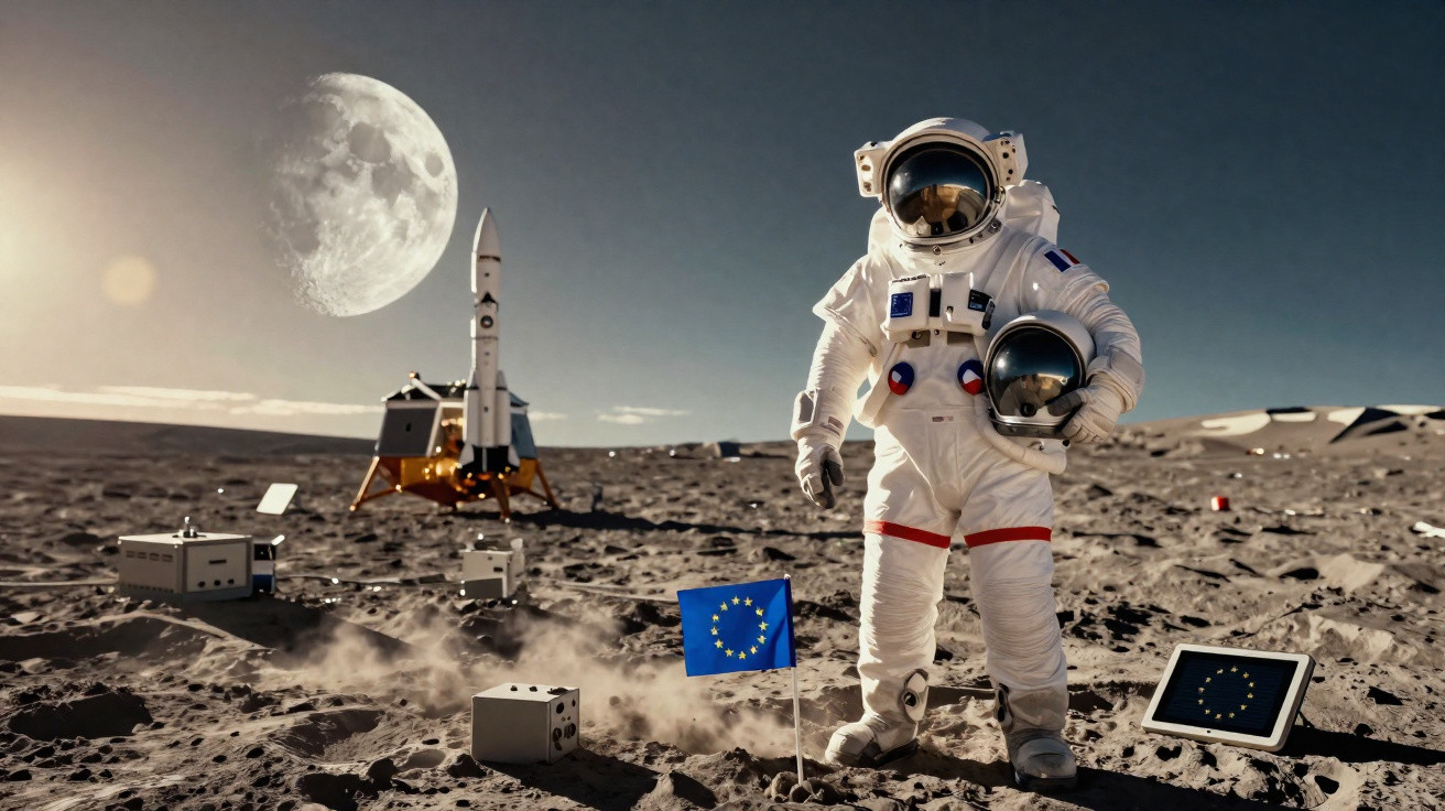 Astronauta com bandeira da União Europeia na superfície lunar, com módulo lunar e lua ao fundo.