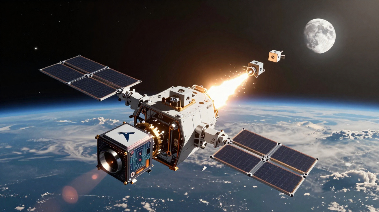 Satélite com painéis solares lançando pequenos cubesats em direção à Lua acima da Terra.