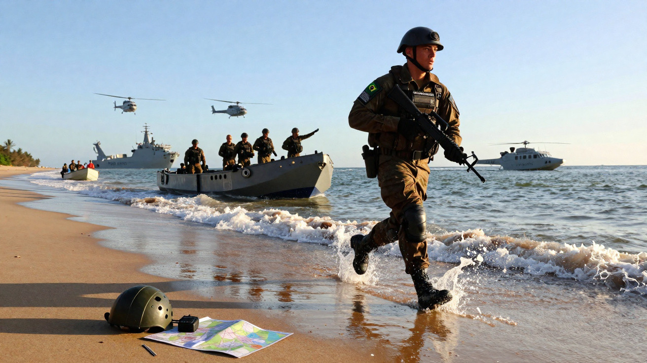 Militar brasileiro armado correndo na praia com embarcações e helicópteros ao fundo durante operação naval.