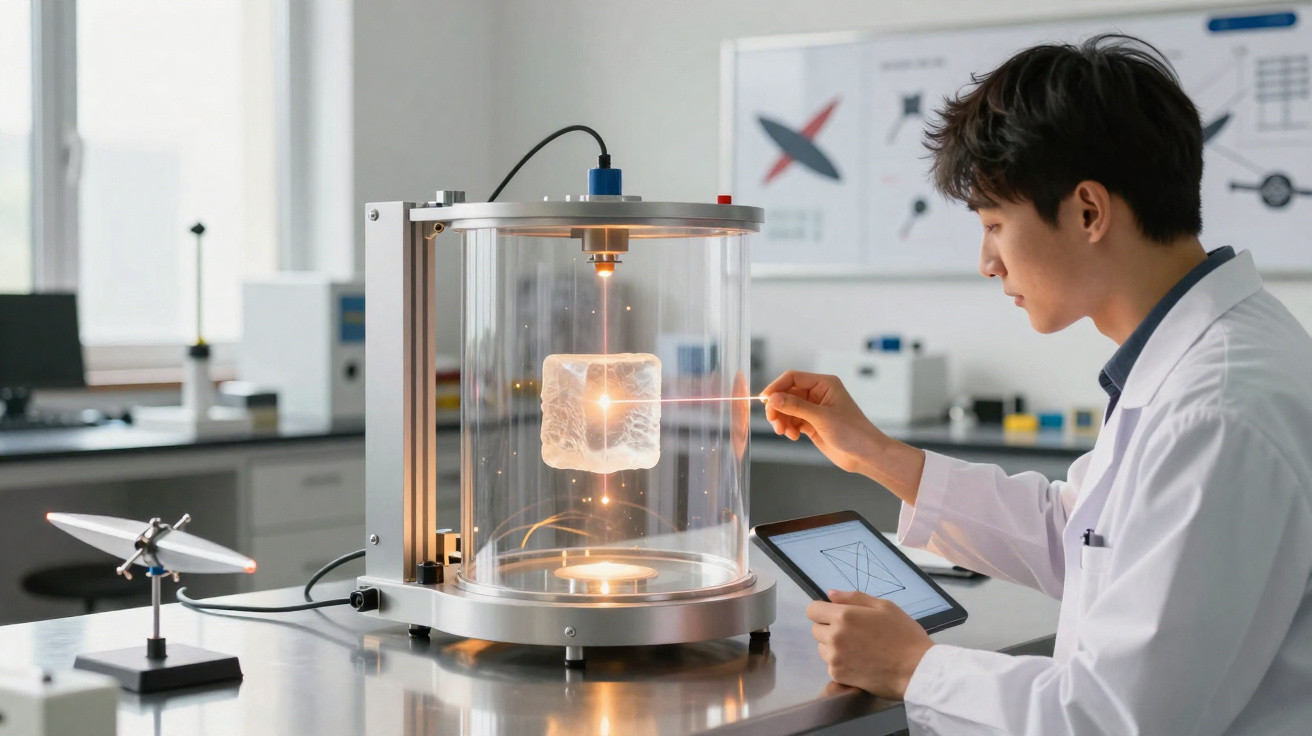 Cientista em laboratório usa equipamento para analisar holograma 3D de cubo iluminado por laser vermelho.