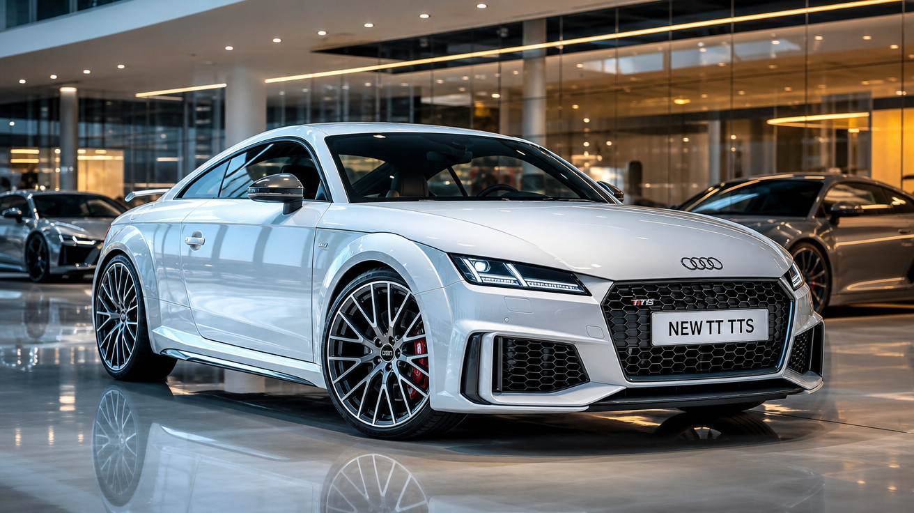 Carro esportivo Audi TT TTS branco exibido em showroom moderno com iluminação interna e piso brilhante.