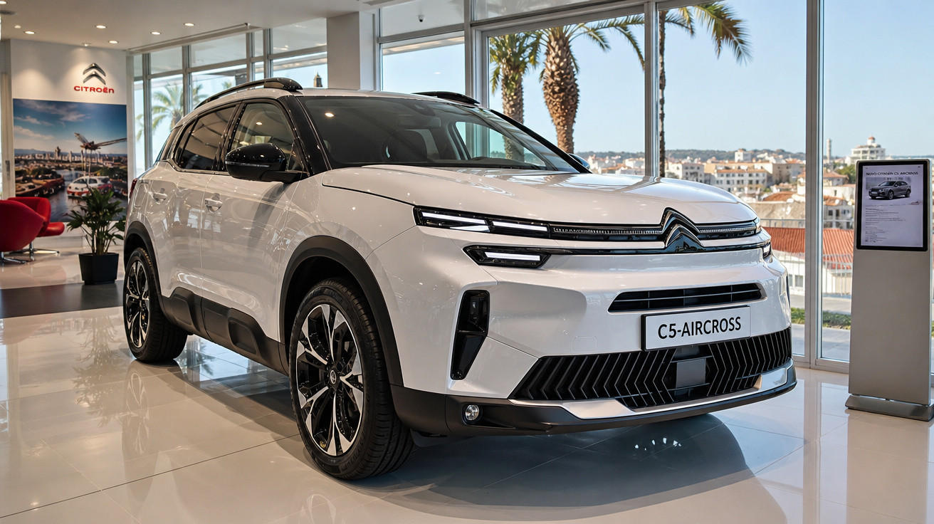 Carro SUV branco Citroën C5 Aircross exibido em showroom moderno com grandes janelas e palmeiras ao fundo.
