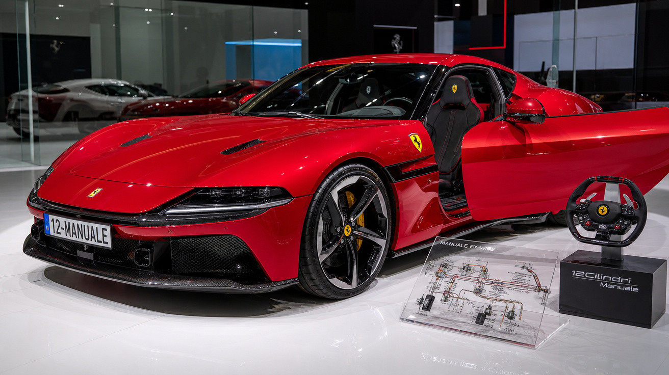 Carro esportivo Ferrari vermelho com porta aberta exibido em salão, volante e diagrama técnico ao lado.