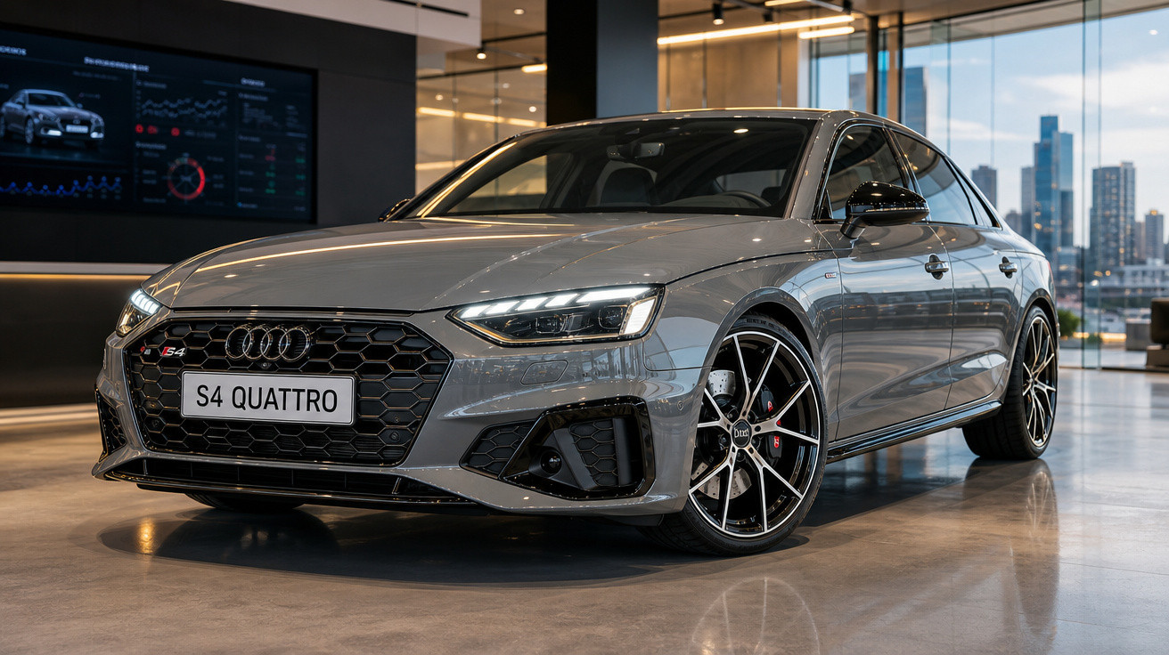 Audi S4 Quattro cinza em exposição dentro de showroom moderno com iluminação natural e urbana ao fundo.
