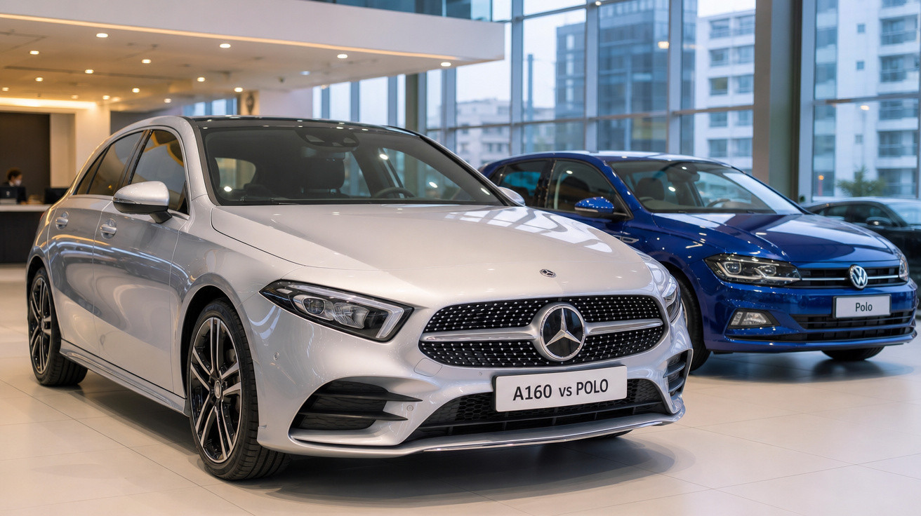 Carros Mercedes A160 prata e Volkswagen Polo azul exibidos lado a lado em showroom moderno.