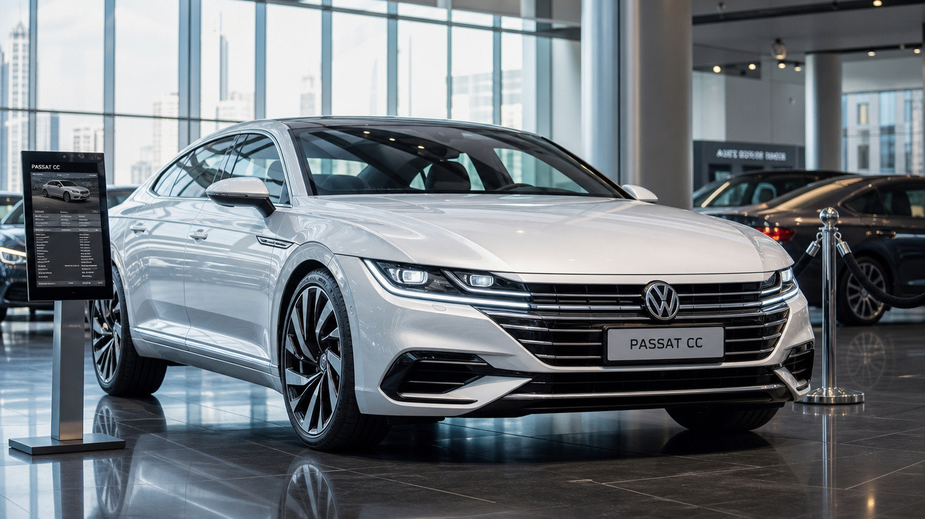 Carro Volkswagen Passat CC branco exibido em showroom moderno com painel informativo ao lado.