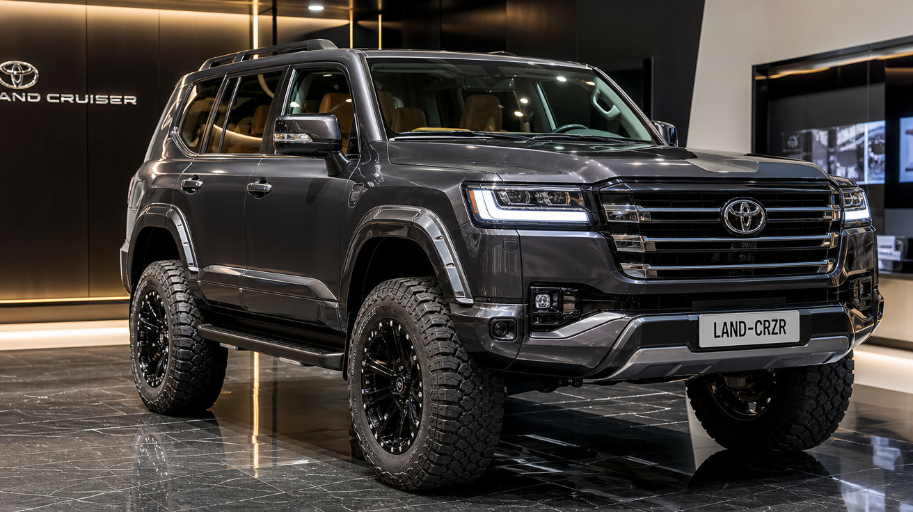 SUV Toyota Land Cruiser cinza metálico exibido em showroom com design robusto e rodas grandes.